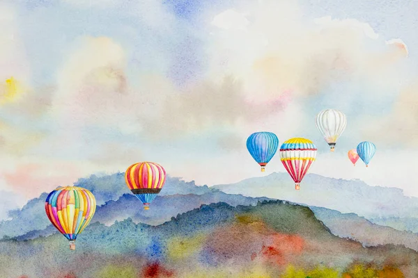 Watercolor Painting Colorful Hot Air Balloons Flying Mountain Dot Inthanon — Stock Photo, Image