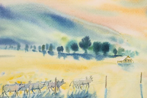 Aquarelle Peinture Paysage Originale Nombreux Troupeaux Vache Dans Prairie Jaune — Photo