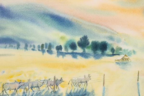 Watercolor original landscape painting many herds of cow in yellow prairie and mountain background.