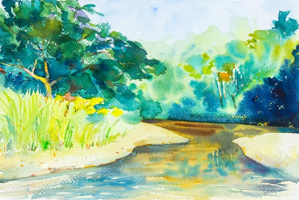 Aquarelle Paysage Peinture Colorée Rivière Dans Forêt Émotion Arrière Plan — Photo
