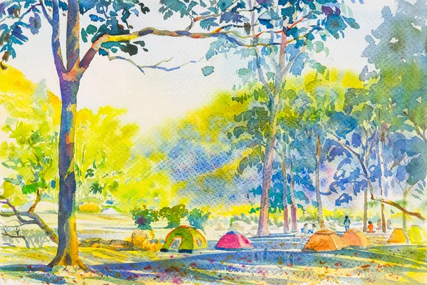 Watercolor original landscape painting colorful  mountain of Camping overnight and emotion in sky background