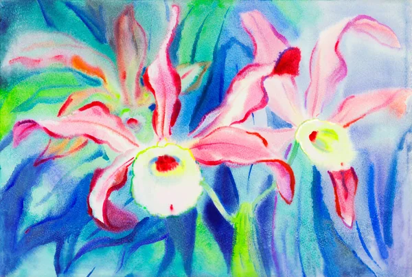 Abstraktní Akvarel Původní Malba Fialová Růžová Barva Orchidej Květiny Zelené — Stock fotografie
