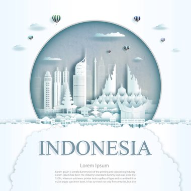 Jakarta şehrindeki Endonezya anıtını dolaşın. Çember desenli modern bina. İş gezisi posteri ve kartpostal. Asya modern mimari şehir manzarası simgeleri. Vektör illüstrasyonu
