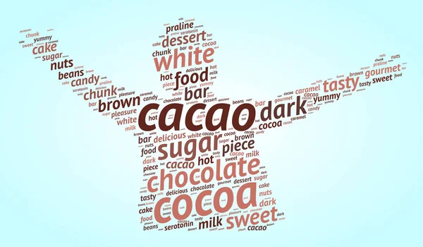 Cacao Program Word Chmury Kształcie Człowieka Niebieskie Tło Gradientowe Słodki — Wektor stockowy