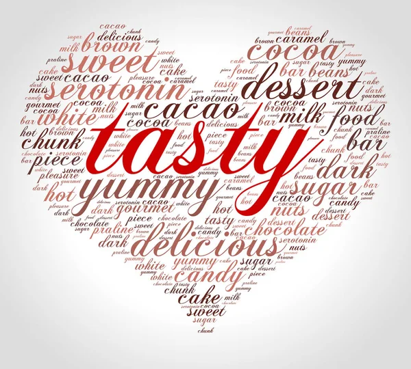 Tasty Word Cloud Heart Shape Italic Font Grey Background Gift — Stock Vector
