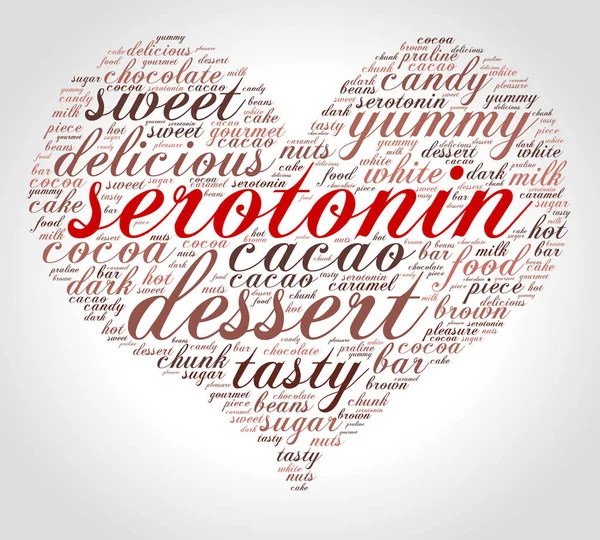 Serotoniny Word Chmura Kształcie Serca Kursywy Szare Tło Radość — Wektor stockowy