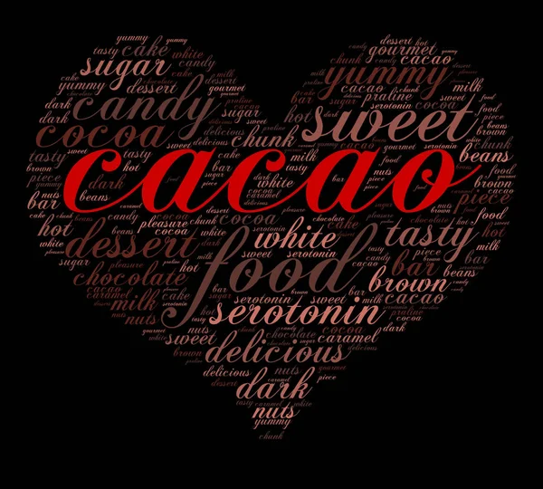 Kakao Word Chmura Kształcie Serca Kursywy Czarne Tło Słabość Kobiet — Wektor stockowy