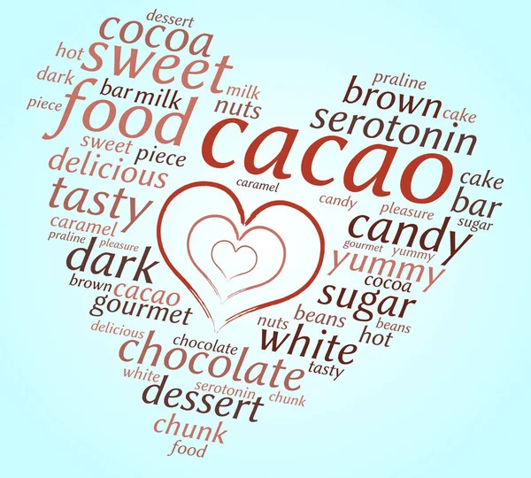 Cacao Program Word Chmury Kształcie Serca Wiele Serc Wewnątrz Niebieskie — Wektor stockowy