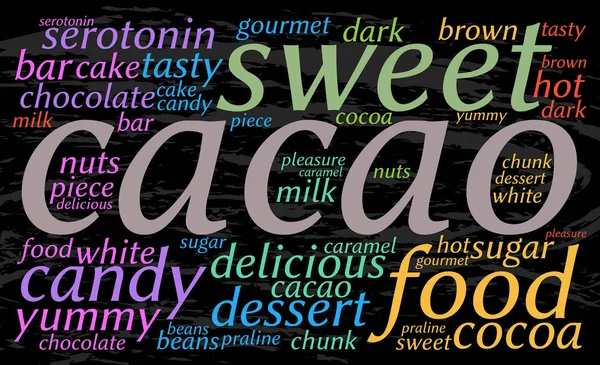 Cacao Chmury Słów Tło Grunge Elegancki Jasny Czcionki Koncepcja Żywności — Wektor stockowy