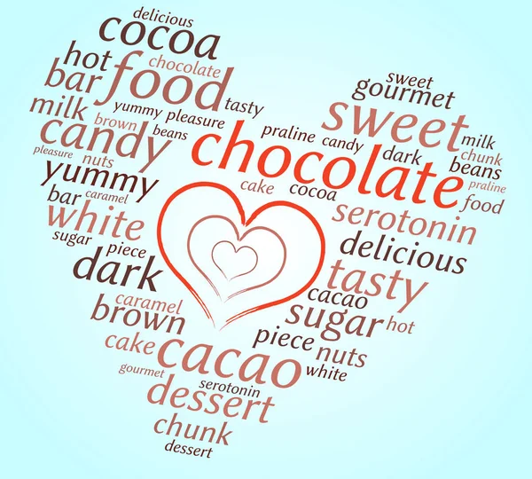 Chocolate Nuvem Palavras Forma Coração Muitos Corações Dentro Fundo Azul — Vetor de Stock