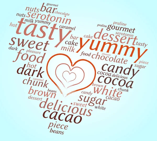 Yummy Word Cloud Shape Heart Many Hearts Gradient Blue Background — Stock Vector