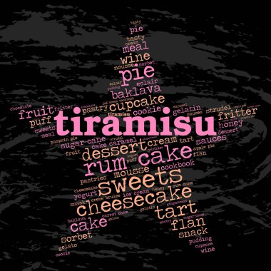 Tiramisu. Kelime bulutu, yıldız, grunge arka plan. Ünlüler için gıda.