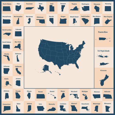 Outline map of the United States of America. 50 States of the USA. US map with state borders. Silhouettes of the USA and Guam, Puerto Rico, US Virgin Islands. Vector illustration.  clipart