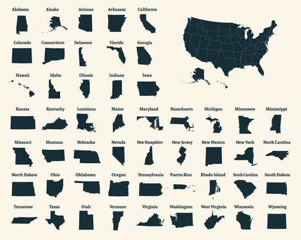 美利坚合众国概况地图 50美国的状态 美国地图与国家边界 美国的剪影 矢量插图 — 图库矢量图片