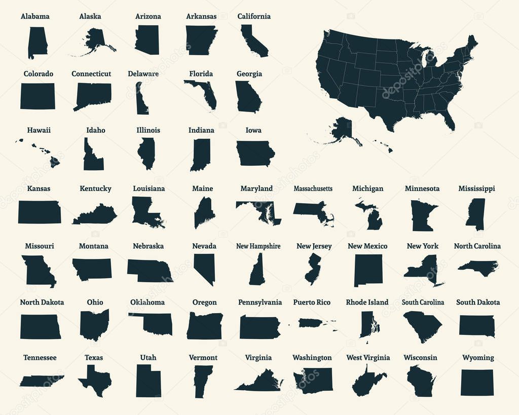Outline map of the United States of America. 50 States of the USA. US map with state borders. Silhouette of the USA. Vector illustration.