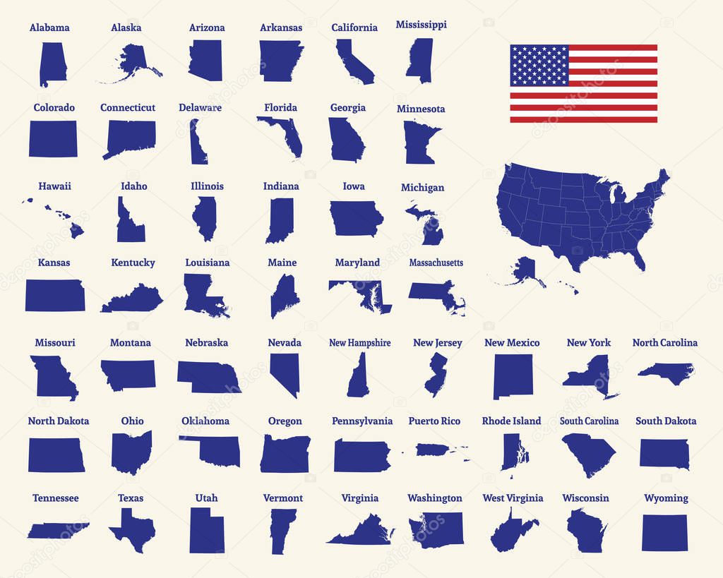 Outline map of the United States of America. 50 States of the USA. US map with state borders. Silhouette of the USA and flag. Vector illustration. 