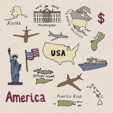 Amerika Birleşik Devletleri ve Amerika'nın sembolleri haritası. Kuzey Amerika, Alaska, ABD, Hawaii, Guam ve ABD Virgin Adaları. Özgürlük ve Beyaz Saray heykeli. Çizilmiş vektör çizim el