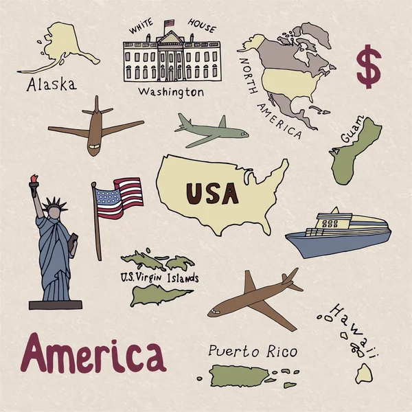 Χάρτης Των Ηνωμένων Πολιτειών Της Αμερικής Και Σύμβολα Της Αμερικής — Διανυσματικό Αρχείο