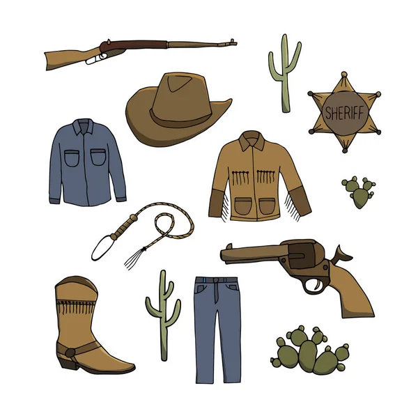 Uppsättning Cowboy Symboler Cowboy Jeans Skjorta Jacka Mössa Stövlar Pistol Stockillustration