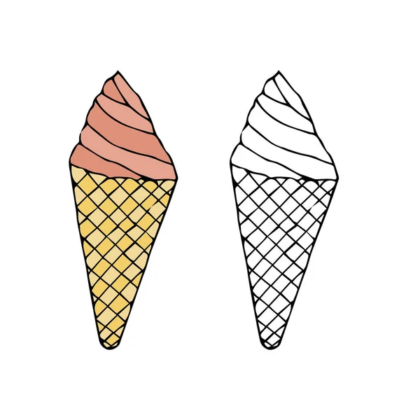 Crème Glacée Dans Cône Gaufre Cup Hand Dessiné Vecteur Illustration — Image vectorielle