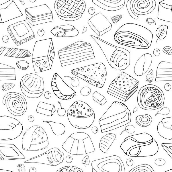 Dikişsiz desen tatlılar dizi. Kek, tatlı alır ve kekler, bisküvi ve çizilmiş berries.hand illustration.doodles vektör veya stil çizgi film.