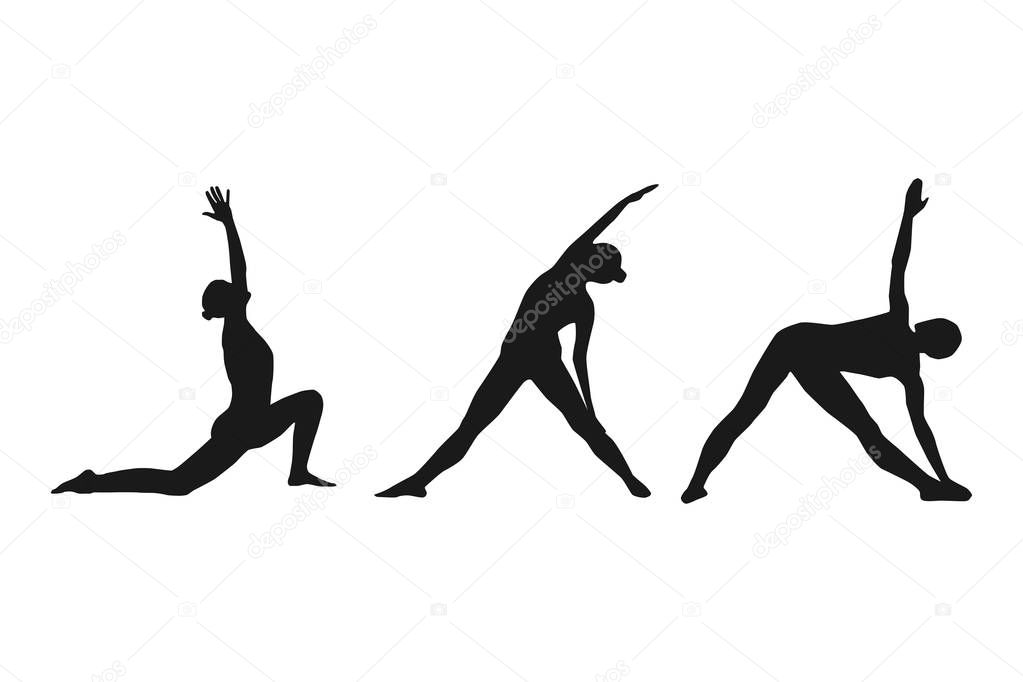 Female silhouette in yoga poses. Black white vector illustration.