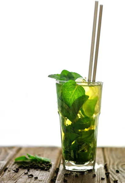 Homemade Iced Tea Lime Mint Glass Wooden Table — Stock Photo, Image