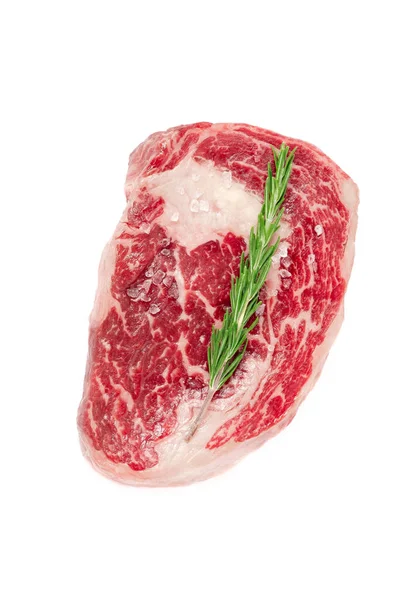 Raw Rib Eye Steak Marbled Beef Salt Rosemary Isolated White — Stock Photo, Image