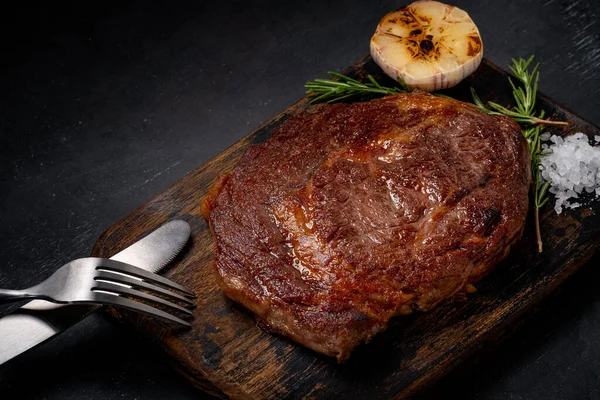 Grilled Ribeye Beef Steak Wooden Board Serving Meat Dishes — Stock Photo, Image