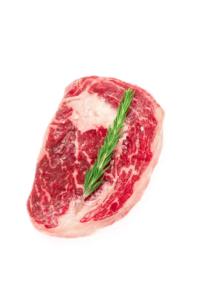 Rauwe Rib Oogsteak Gemarmerd Rundvlees Met Zout Rozemarijn Geïsoleerd Witte — Stockfoto