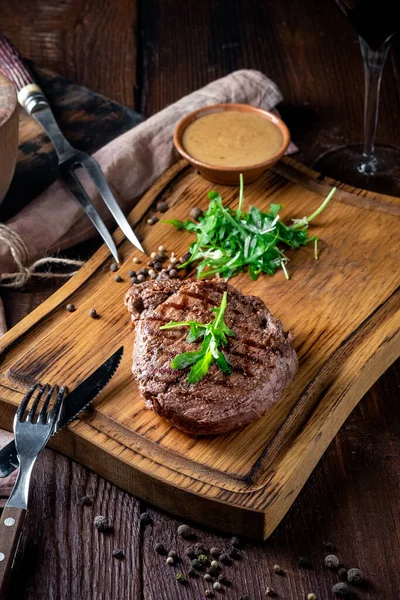 Grilled Chuck Beef Steak Knife Fork Wooden Board Rustic Style — Stock Photo, Image