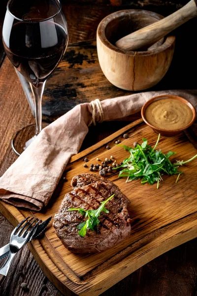 Grilled Chuck Beef Steak Wine Knife Fork Wooden Board Whole — Stock Photo, Image