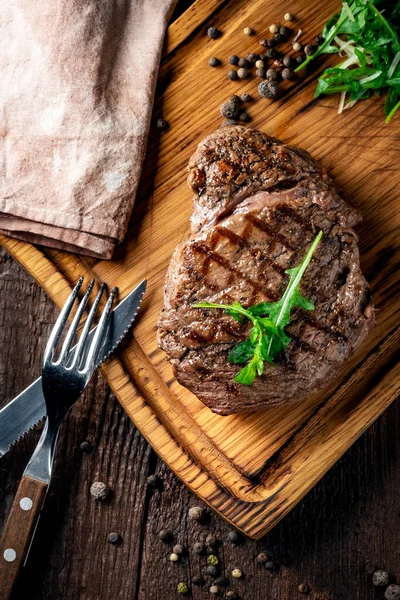 Grilled Chuck Beef Steak Wine Knife Fork Wooden Board Whole — Stock Photo, Image