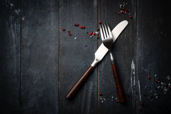 Rustic Cutlery Set Knife Fork Pepper Dark Wooden Background Menu — Stock Photo, Image