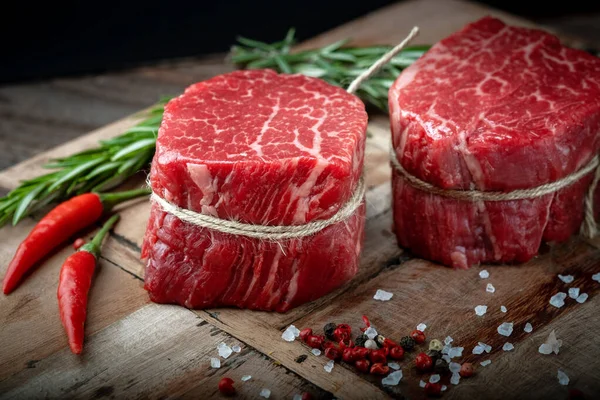 Raw Beef Filet Mignon Steak Wooden Board Pepper Salt Black — Stock Photo, Image
