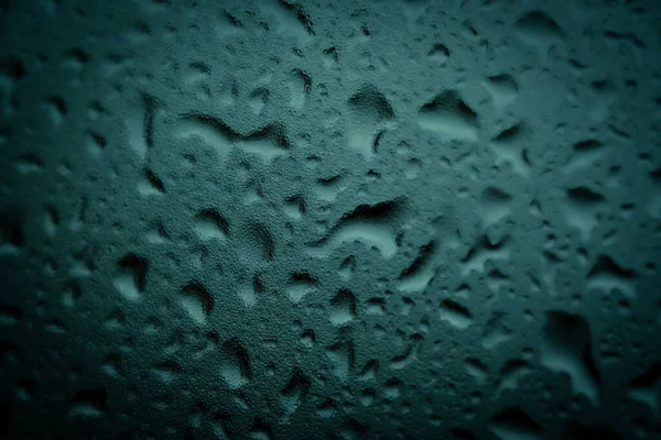 Texture Small Large Drops Dark Glass Rain Green Background — Stock Photo, Image