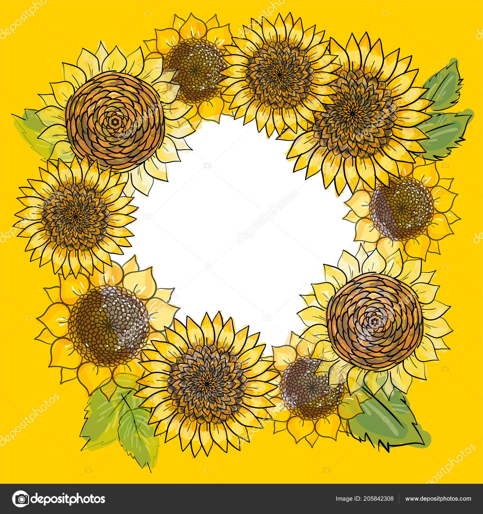 Download Wreath Hand Drawn Sunflowers Frame Rustic Floral Background Vector Botanical — Stock Vector ...