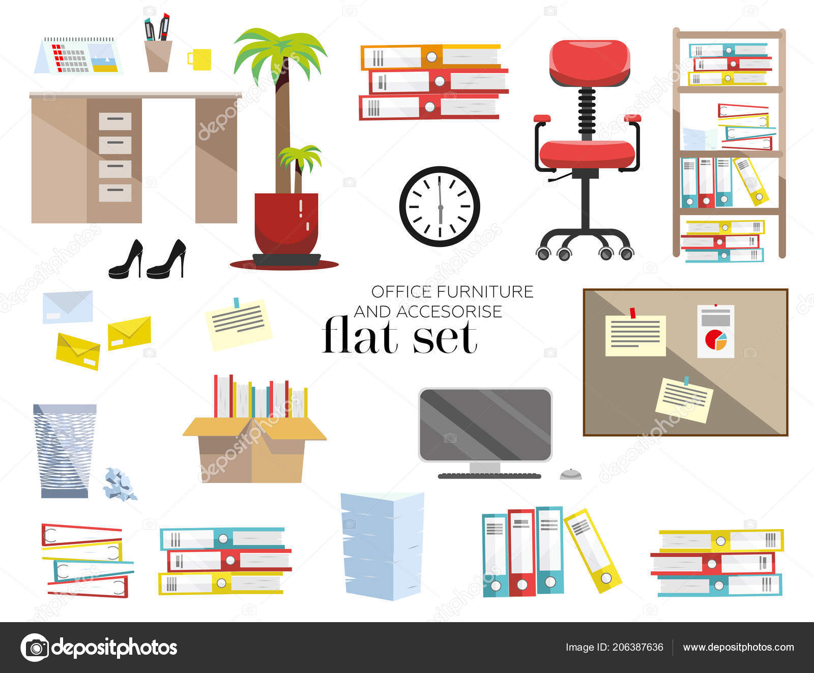 Flat Office Furniture Accessories Set White Background Victor Template