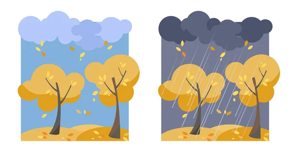 Autumn yellow trees with flying leaves. A set of two non-parallel pictures with a view of good sunny weather and a rainy evening.