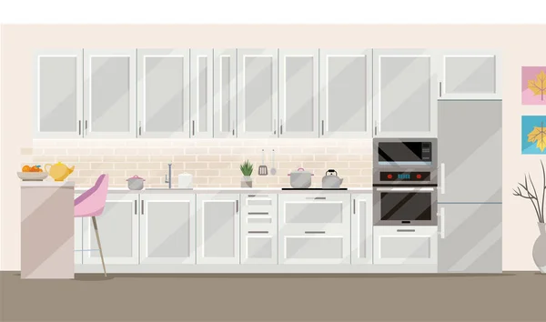 Flat modern interior kitchen room in beige tones. Kitchen utensils and appliances in the background tiles. Casserole, kettle in kitchen set with built-in table Flat isolated cartoon illustration.