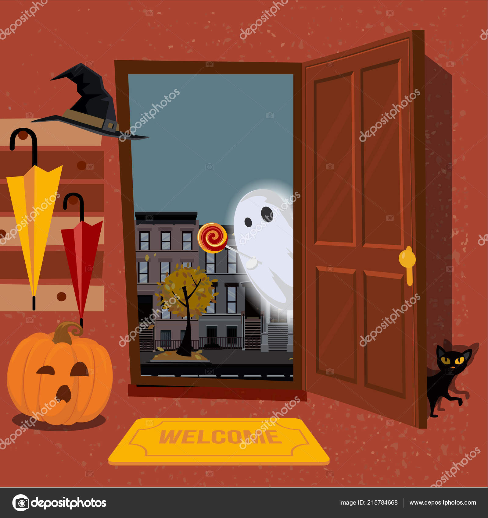 House interior, decorated for Halloween, pumpkin with mug in