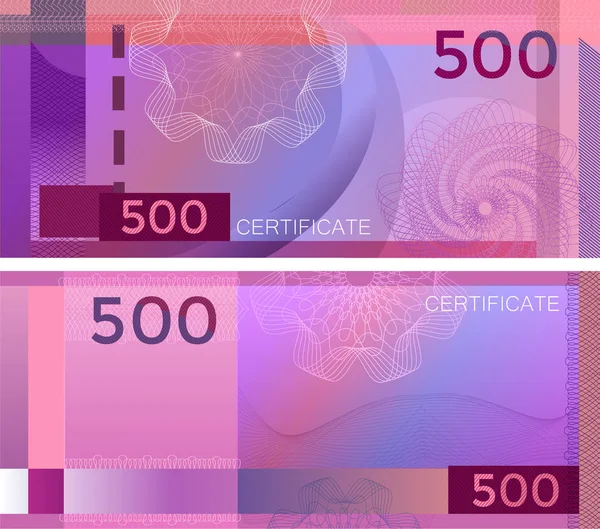 Voucher template banknote 500 with guilloche pattern watermarks and border. Purple background banknote, gift voucher, coupon, diploma, money design, currency, note, check, cheque, reward. certificate