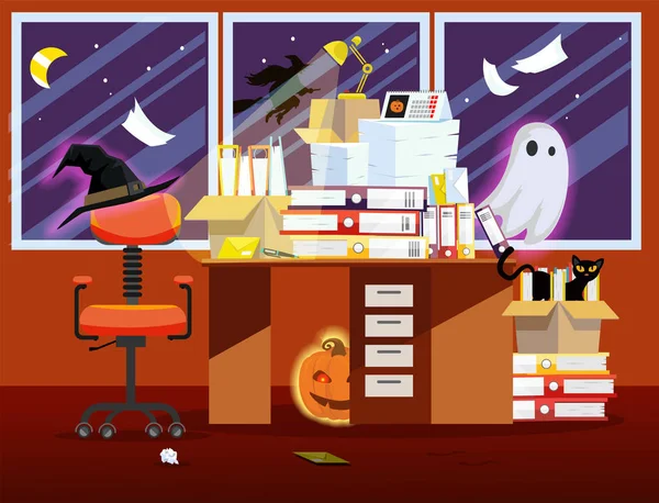 Work place on holiday Halloween in orange color . Flat illustration of office room interior with pumpkin, glowing ghost, even cat, witch hat and Pile of paper documents, file folders in boxes on table