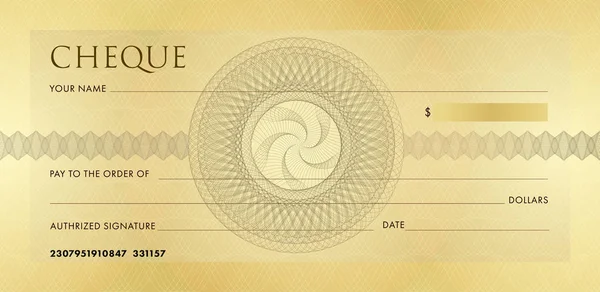 Check template, Chequebook template. Blank gold business bank cheque with guilloche pattern rosette and abstract watermark. Background for voucher, banknote design, , gift certificate, ticket, coupon