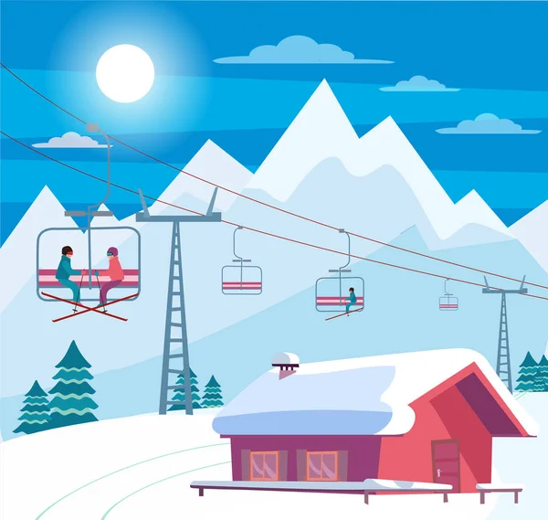 Winter snowy landscape with ski resort, lift, cable car, red house with snow-covered roof, Alps, fir trees, nature and winter mountains landscape. Sunny weather. Flat cartoon style vector illustration