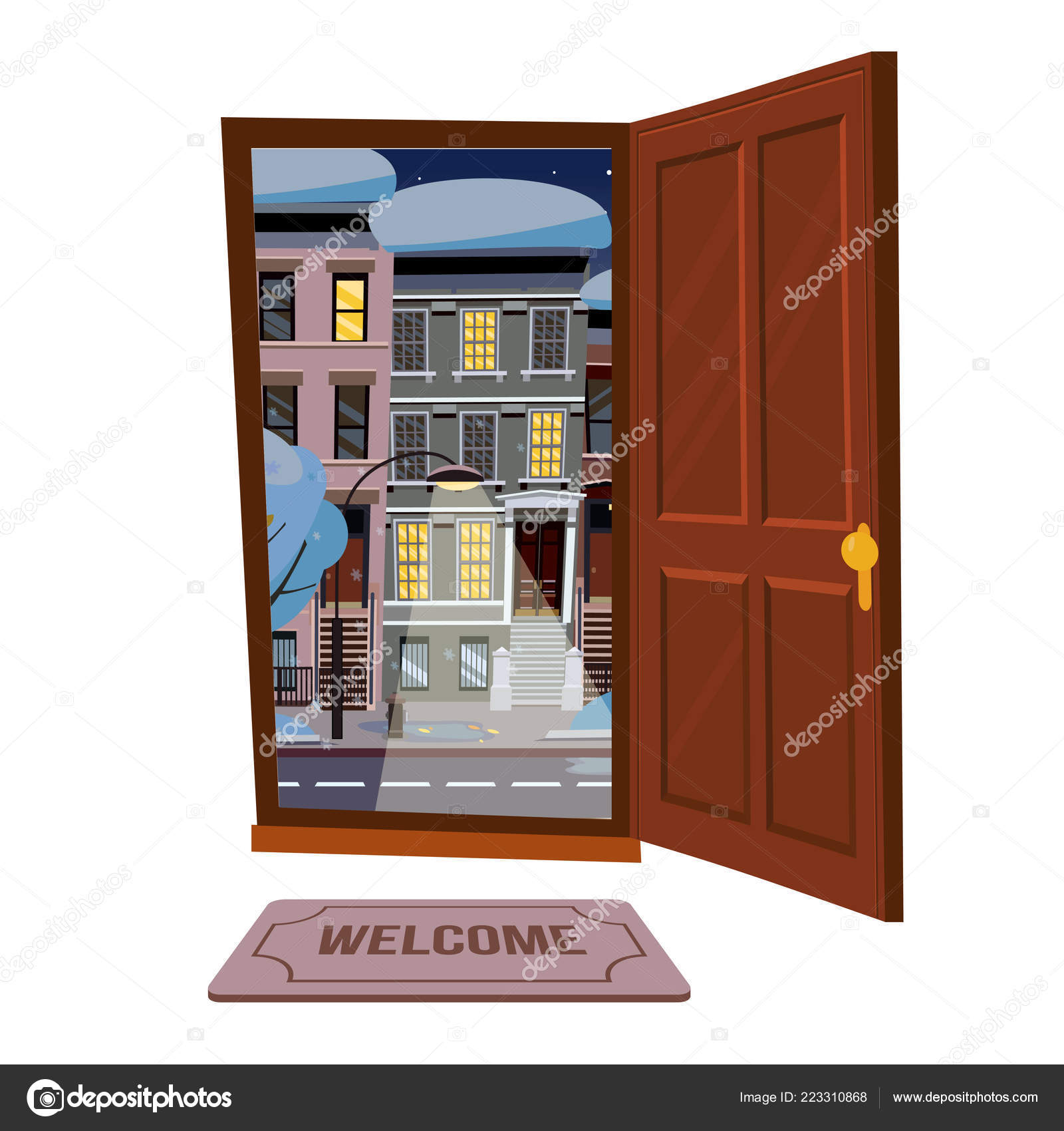 Open Wood Brown Door Into Winter City Starry Night View With