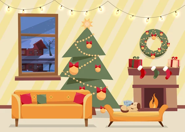 Christmas flat vector of decorated living room. Cozy home interior with furniture, sofa, window to winter evening landscape, Christmas tree with gifts, garland, fireplace, bench with sleeping cat, dog Royalty Free Stock Illustrations