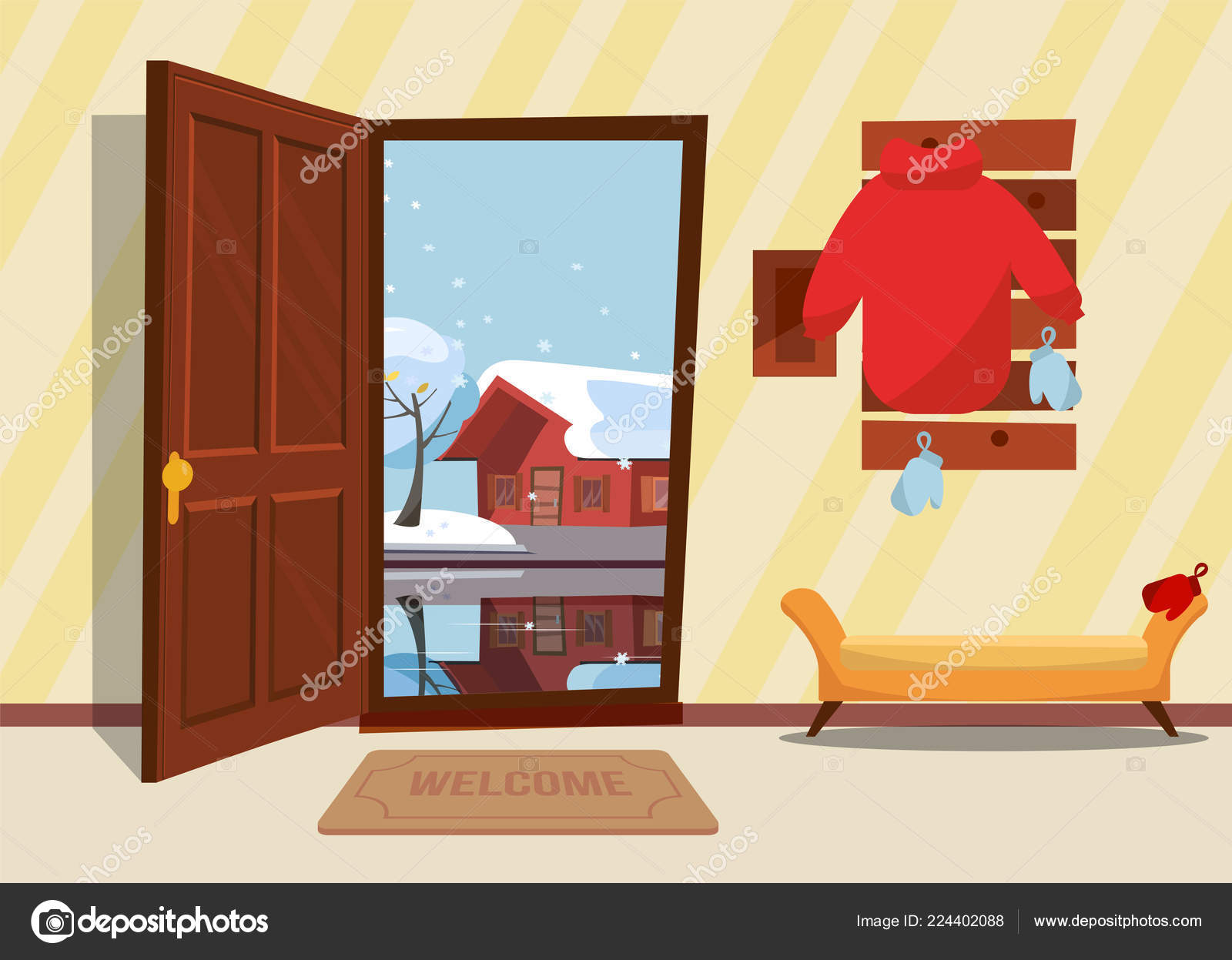 Interior Hallway Flat Cartoon Style Open Door Overlooking Winter Landscape Stock Vector Image By C Lanasham
