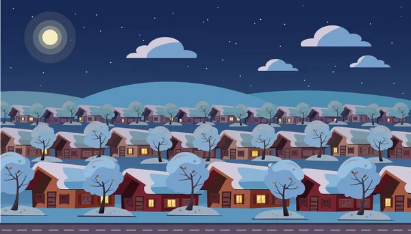 Panoramic night landscape of suburban one-story village. Same houses are located in three rows. Winter snow starry weather, moon, clouds, trees outside. Flat cartoon style vector illustration