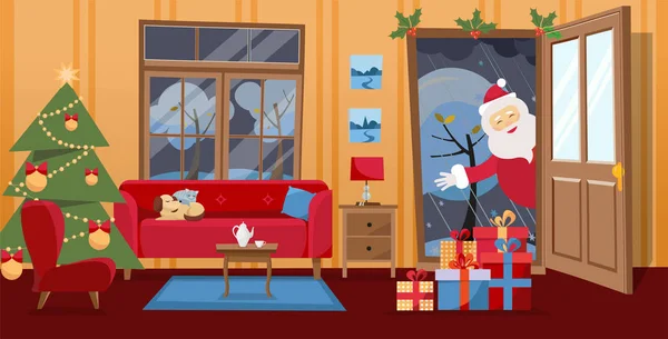 Open door and window overlooking the snow-covered trees. Christmas tree, gifts in boxes and red furniture sofa inside. Santa Claus looks in doorway, brought gifts. Flat cartoon vector illustraton